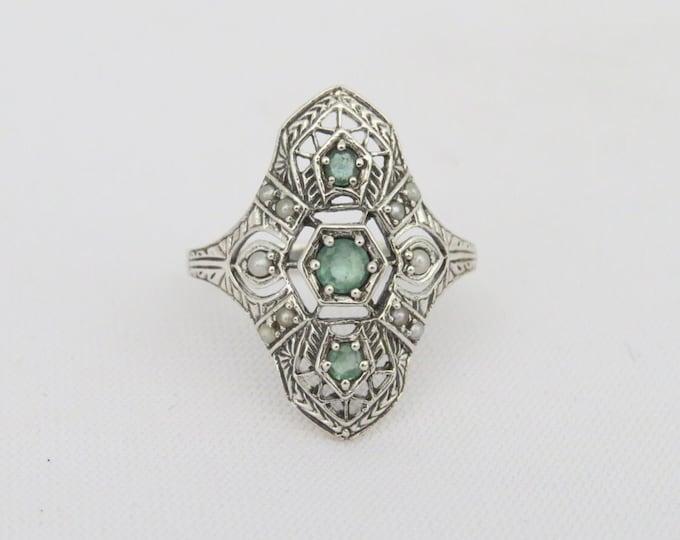 Vintage Sterling Silver Natural Emerald & Seed Pearl Filigree Ring Size 6