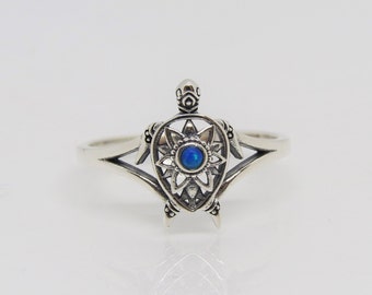 Vintage Sterling Silver Blue Opal Turtle Filigree Ring Size 8