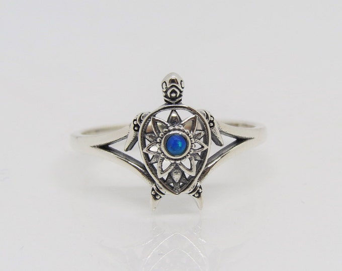 Vintage Sterling Silver Blue Opal Turtle Filigree Ring Size 8