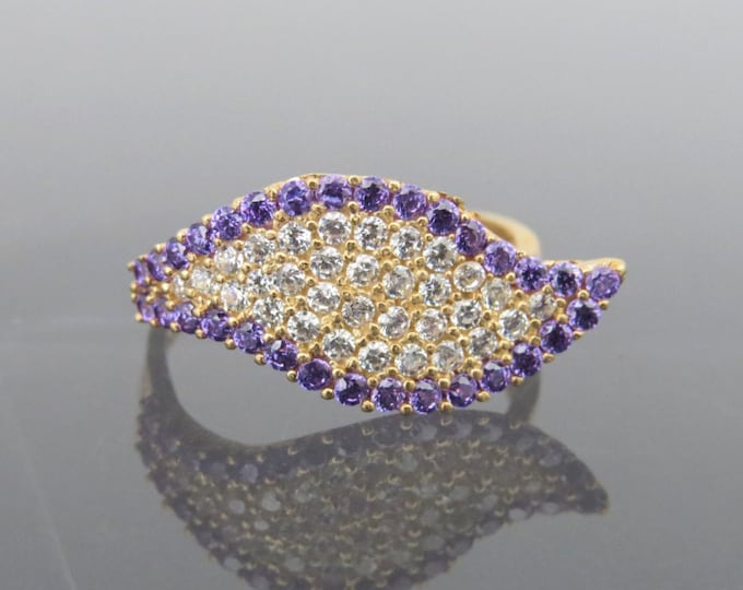 Vintage 18K Solid Yellow Gold Amethyst & White Topaz Leaf Ring Size 6.75