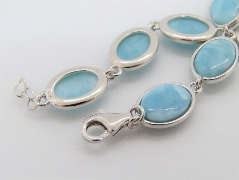 Vintage Sterling Silver Natural Oval Larimar Link Chain Bracelet 7 12/'/'