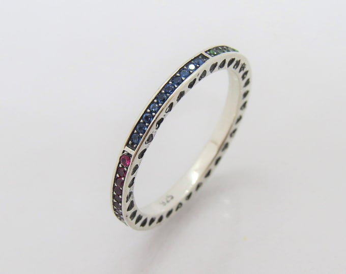 Vintage Sterling Silver Round cut Multi Color Gemstone Eternity Band Ring Size 7