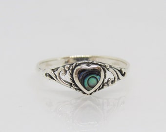 Sterling Silver Abalone Heart Filigree Ring Size 8