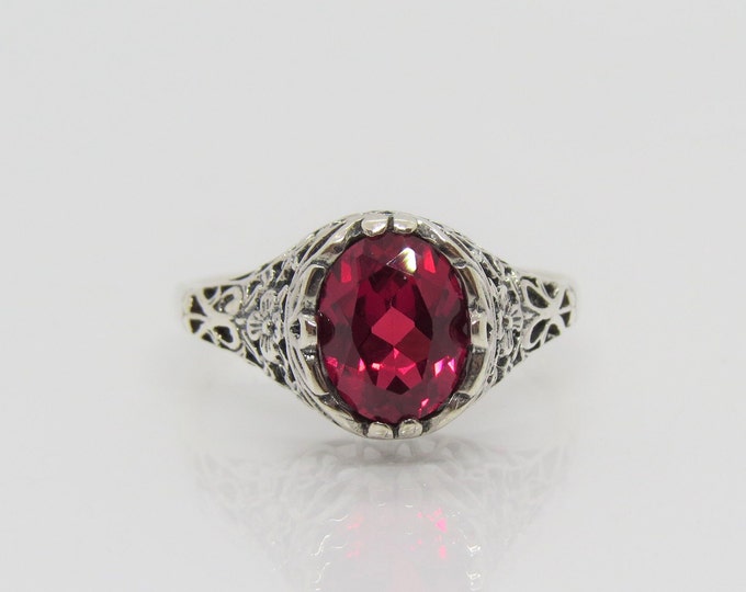 Sterling Silver Oval Ruby Filigree Ring.
