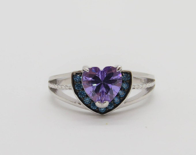 Vintage Sterling Silver Heart cut Amethyst & Blue Topaz Ring Size 7