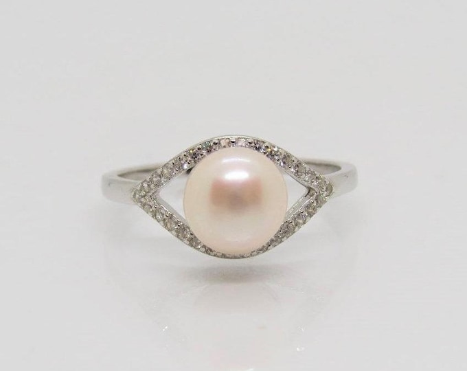 Vintage Sterling Silver White Pearl & White Topaz Eye Ring Size 7