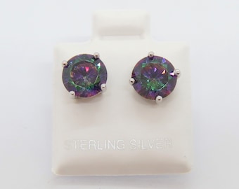 Vintage Sterling Silver Round cut Rainbow Topaz Stud Earrings 8MM