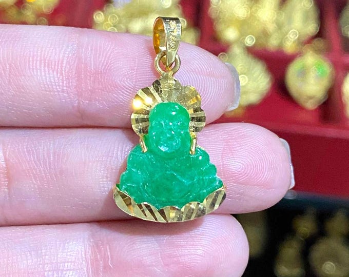 Vintage 18K Solid Yellow Gold Apple Green Jadeite Jade Carved Laughing Buddha Happy Buddha Pendant