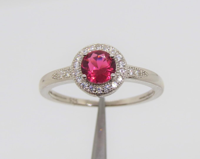 Vintage Sterling Silver Ruby & White Topaz Halo Ring Size 8