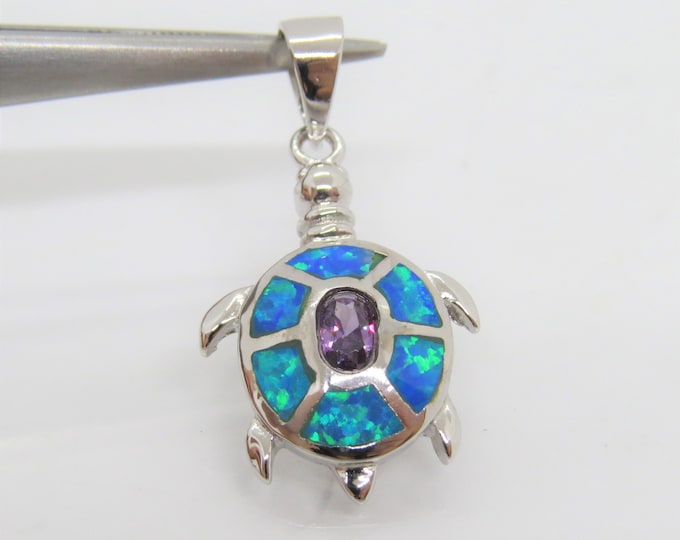 Vintage Sterling Silver Amethyst & Blue Opal Turtle Pendant