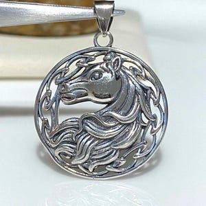 May include: Silver pendant featuring a detailed Celtic knot design with a horse's head in the center.