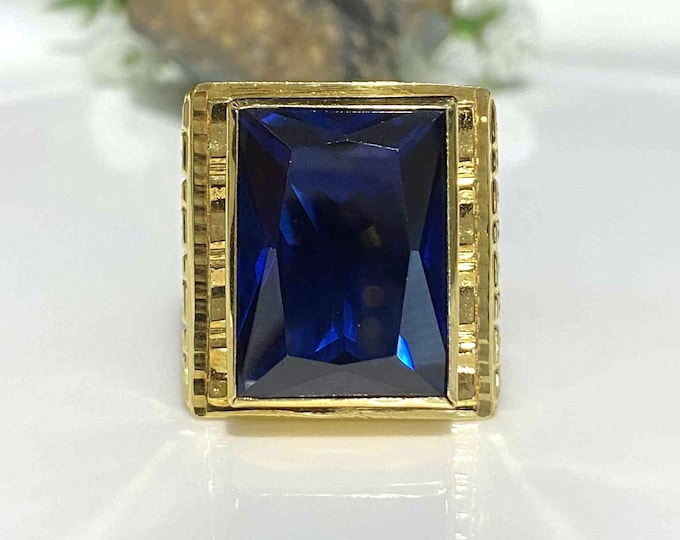 Vintage 15K Gold Blue Sapphire Men's Ring Size 10