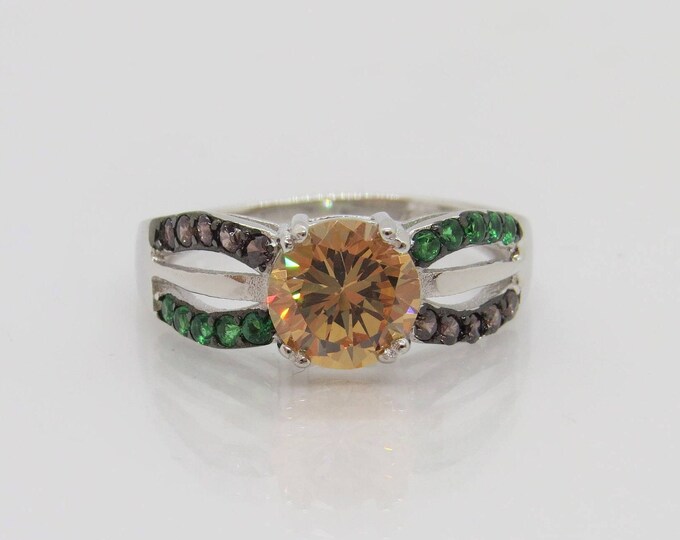 Vintage Sterling Silver Champagne Topaz & Emerald Ring Size 8.5