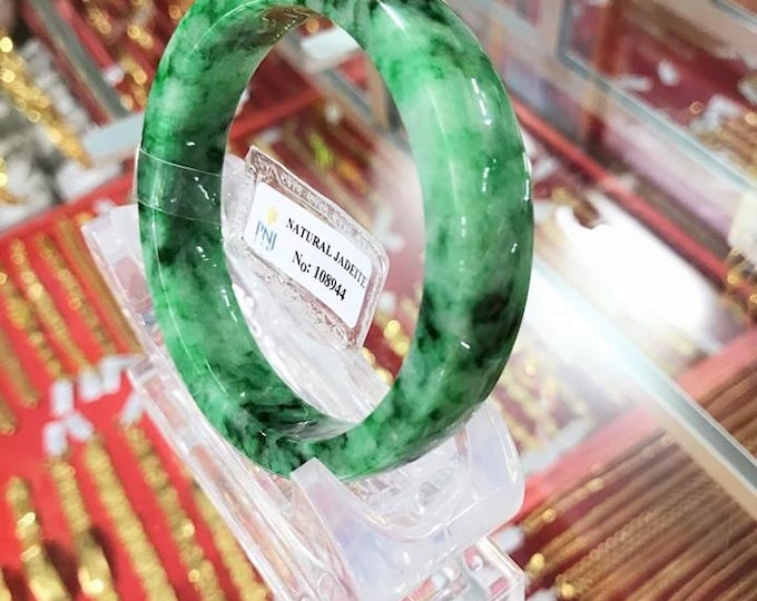 Vintage Translucent Natural Green, White Jadeite Jade Bangle Bracelet 56.6MM