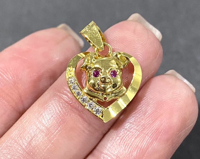 Vintage 18K Solid Yellow Gold White Topaz Pig Ruby on Eyes Pendant.