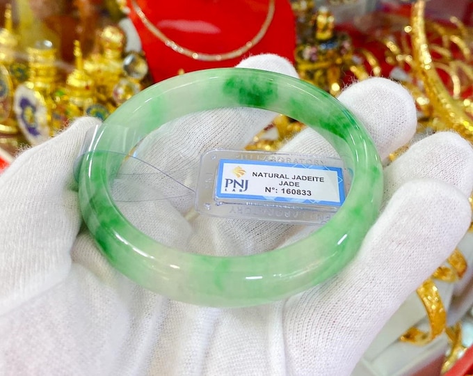 Translucent Natural Green, White Jadeite Jade Vintage Bangle Bracelet 64MM