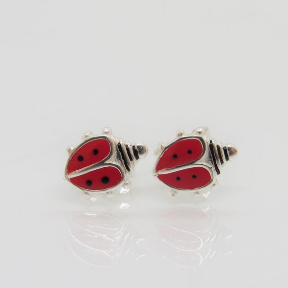 Vintage Sterling Silver Red Enamel Ladybug Stud E… - image 1