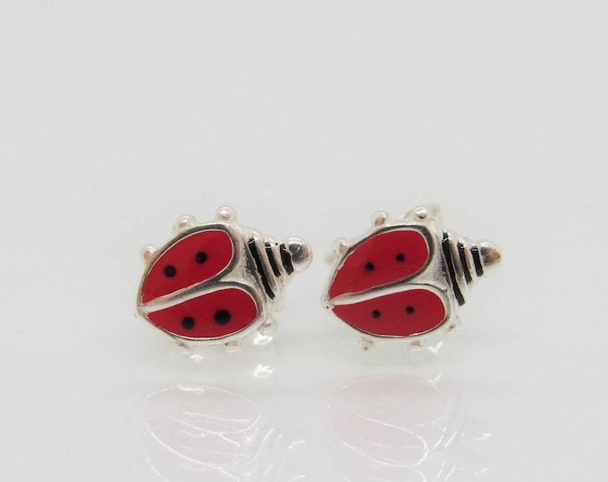 Vintage Sterling Silver Red Enamel Ladybug Stud Earrings