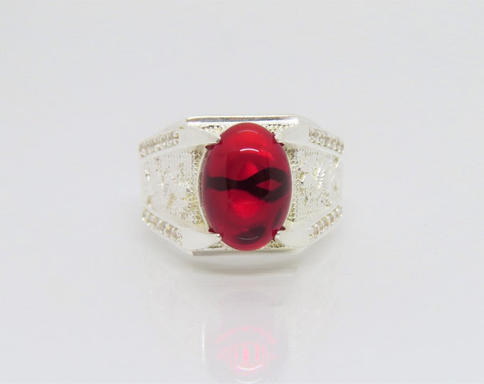 Vintage Sterling Silver Ruby , White Topaz Dragon Men's Ring Size 10