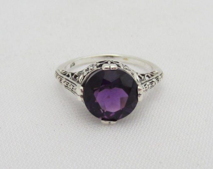Vintage Sterling Silver Natural Amethyst Filigree Ring Size 8