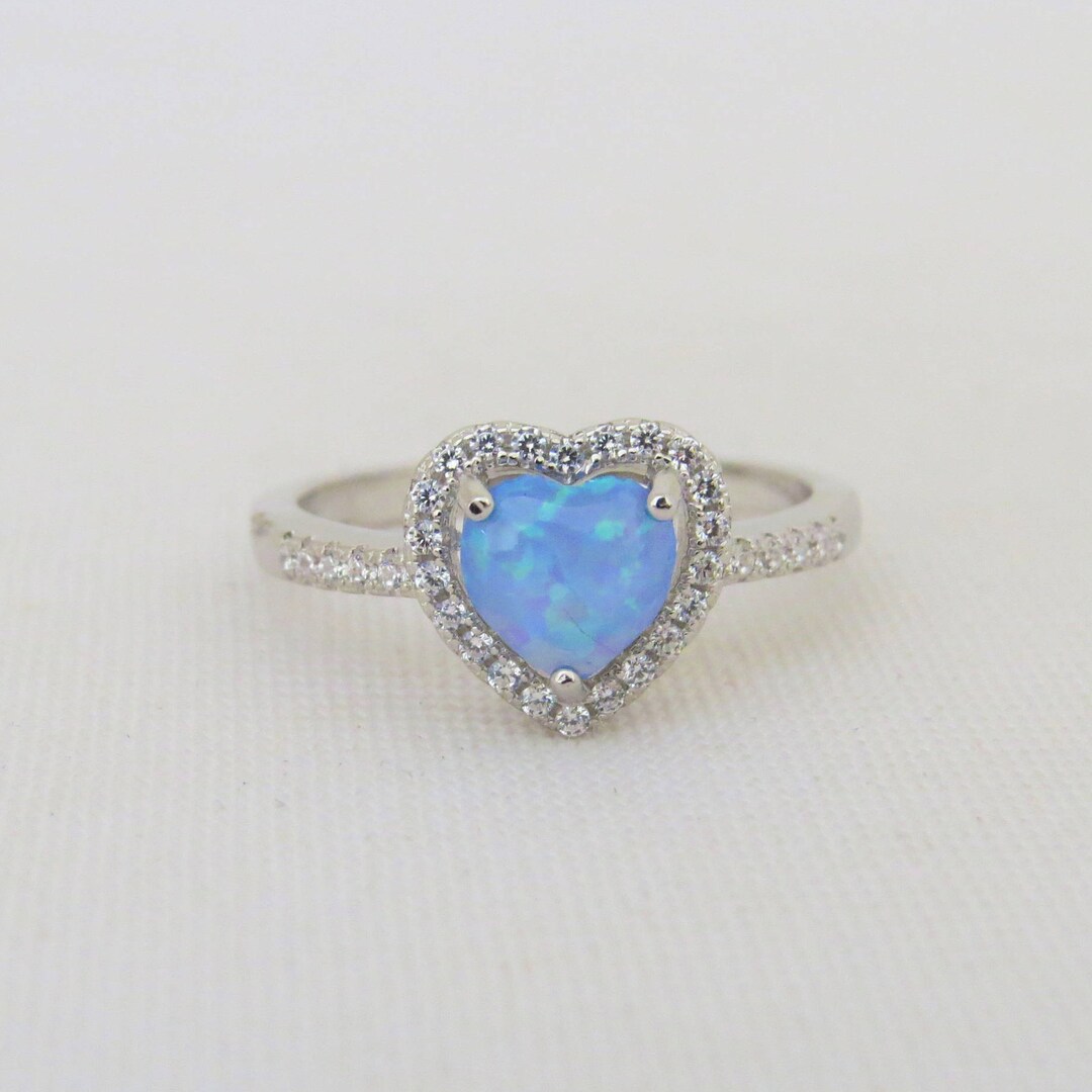 Vintage Sterling Silver Blue Opal & White Topaz Heart Halo Ring Size 7 ...