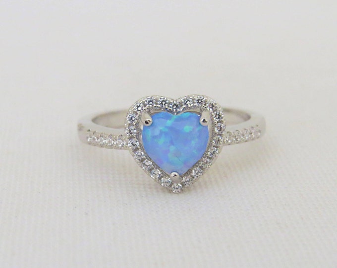 Vintage Sterling Silver Blue Opal & White Topaz Heart Halo Ring Size 7