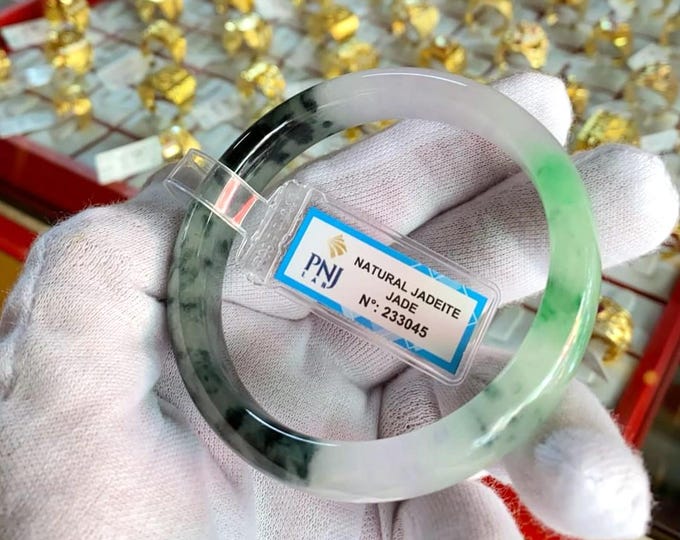 Translucent Natural Green, Black, Lavender Jadeite Jade Vintage Bangle Bracelet 57.9MM