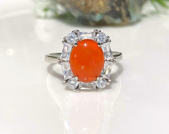 Vintage Sterling Silver Natural Orange Opal, White Topaz Ring Size 8