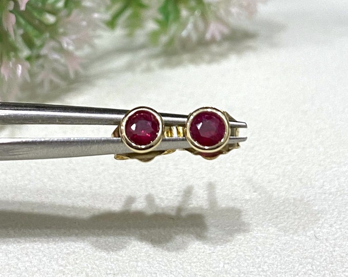 Vintage 14K Solid Yellow Gold Genuine Ruby Earrings. 3MM