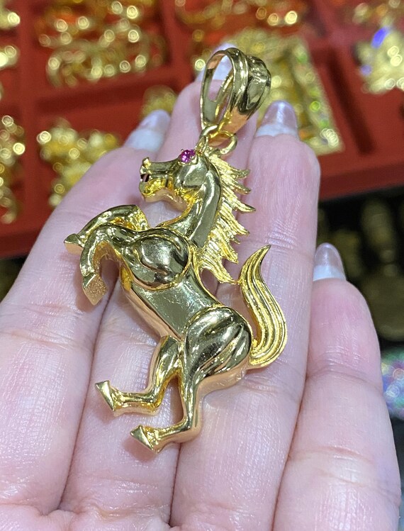 Vintage 15K 610 Solid Yellow Gold Ruby Horse Pend… - image 4