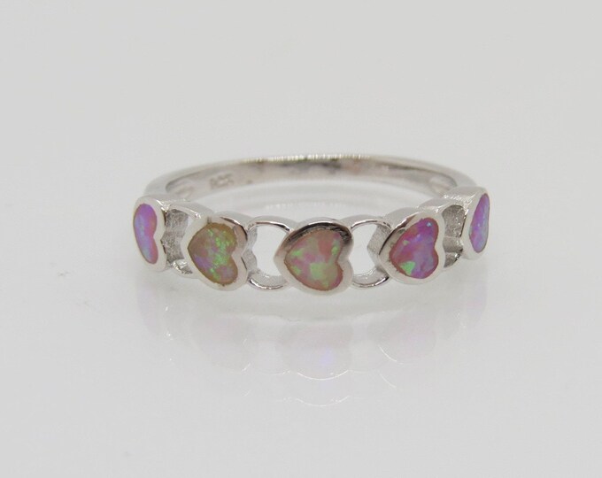 Sterling Silver Pink Opal Heart Band Ring Size 7