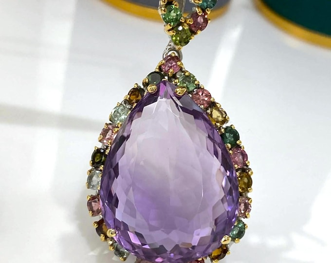 Vintage Sterling Silver Pear cut 54cts Natural Amethyst & Tourmaline Pendant.