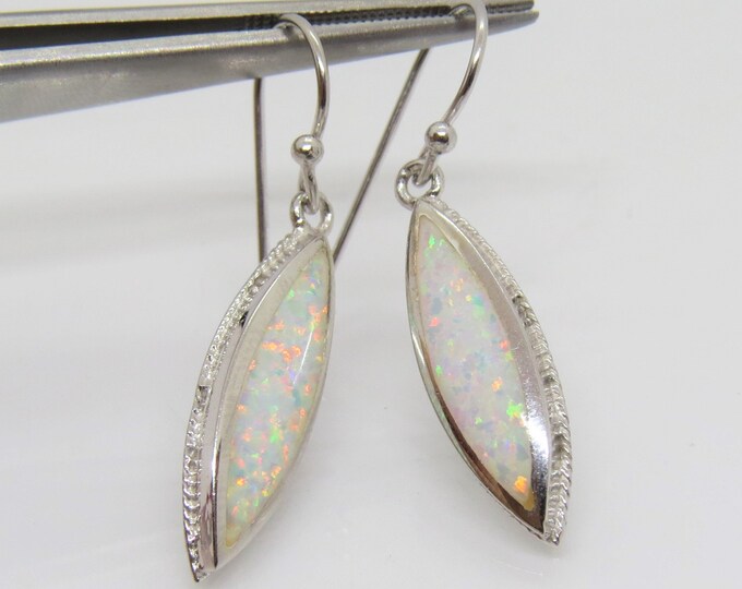 Vintage Sterling Silver Marquis Shape White Opal Dangle Earrings