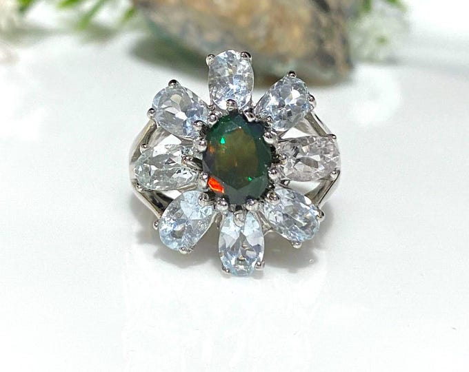 Vintage Sterling Silver Natural Oval cut Black Fire Opal & Aquamarine Flower Ring Size 7