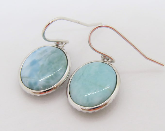 Vintage Sterling Silver Natural Oval Larimar Dangle Earrings