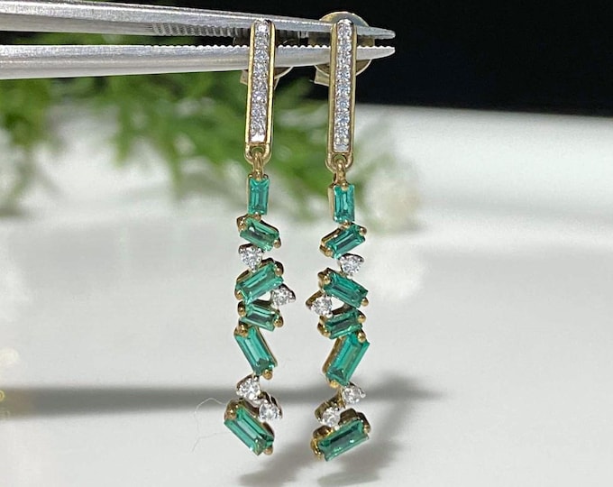 Vintage Sterling Silver Gold Vermeil Emerald & White Topaz Drop Earrings.