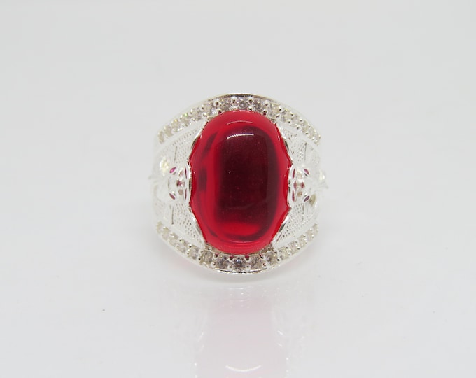 Vintage Sterling Silver Ruby Cabochon Fish Money Coin Ring Size 10