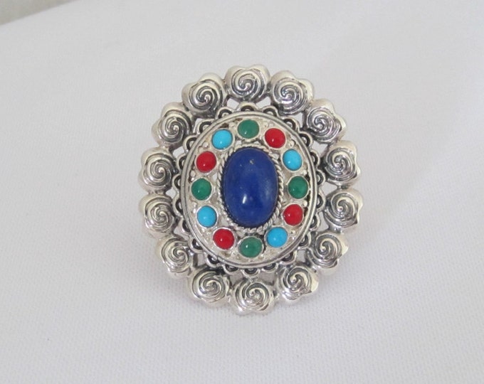 Vintage Sterling Silver Mixed Gemstone High Dome Ring Size 7.5