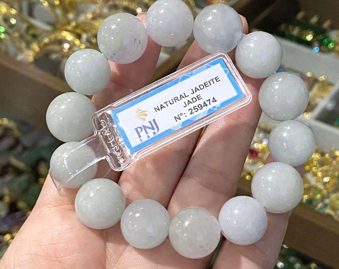 Vintage Translucent Natural Green, White Jadeite Jade Beads Bracelet 14MM