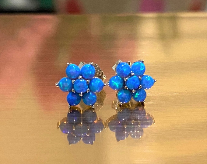 Vintage Sterling Silver Blue Opal Flower Tiny Stud Earrings.