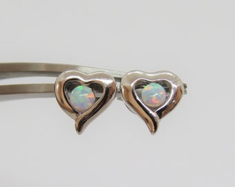 Vintage Sterling Silver White Opal Heart Stud Earrings