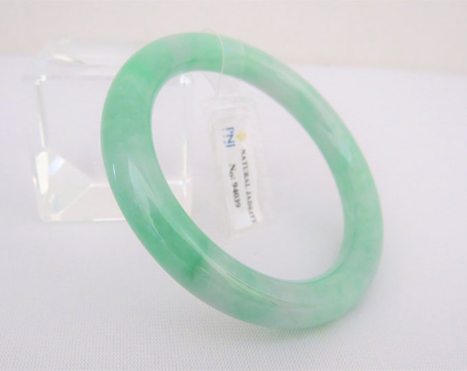 Translucent Natural Green, White Jadeite Jade Vintage Bangle Bracelet 54.7MM