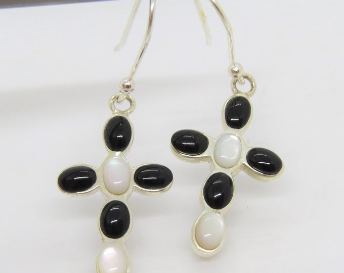 Vintage Sterling Silver Mother of Pearl & Black Onyx Cross Dangle Earrings