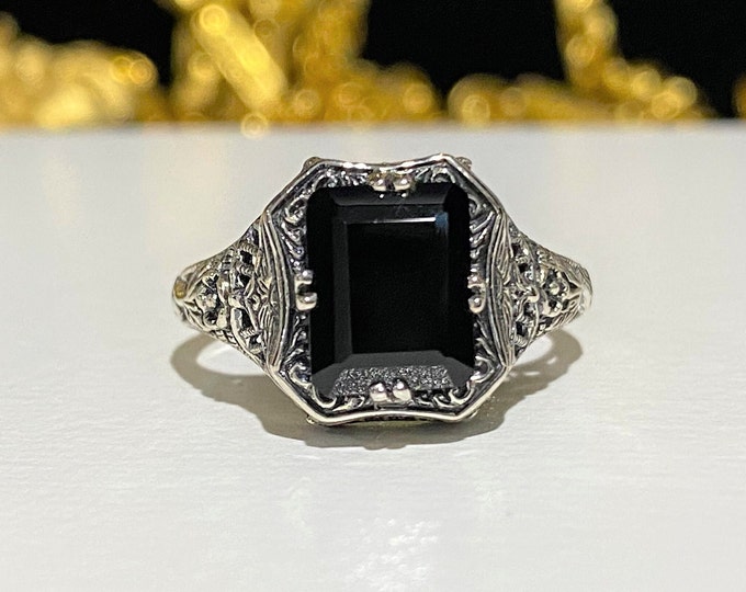 Sterling Silver Black Sapphire Ring Size 8.
