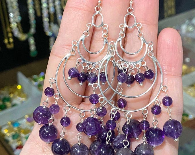 Vintage Sterling Silver Natural Amethyst Beads Dangle Earrings.