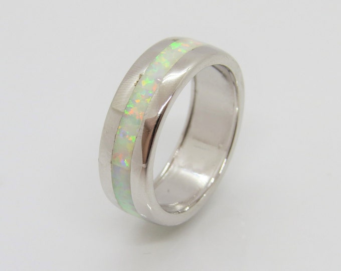 Vintage Sterling Silver White Opal Unisex Band Ring Size 8