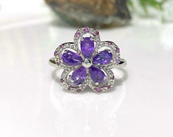 Vintage Sterling Silver Natural Amethyst Flower Ring Size 8.25