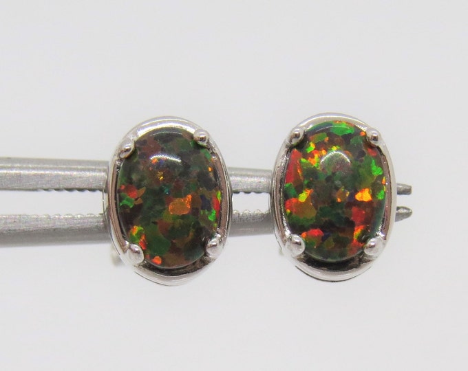 Sterling Silver Oval Black Opal Stud Earrings
