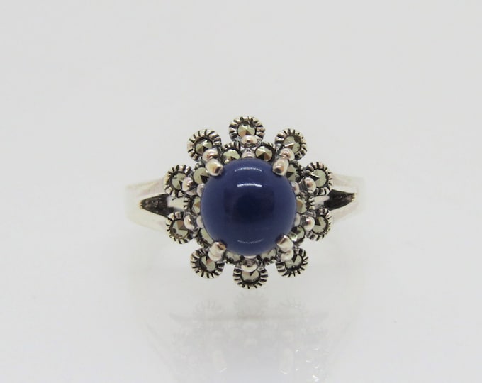 Vintage Sterling Silver Lapis Lazuli & Marcasite Flower Ring Size 7