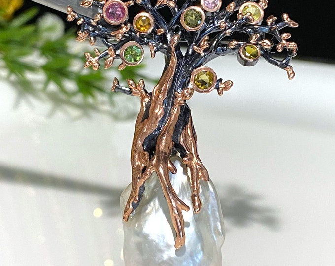 Vintage Sterling Silver Black & Rose Tone Natural Tourmaline, Baroque Tree of Life Brooch